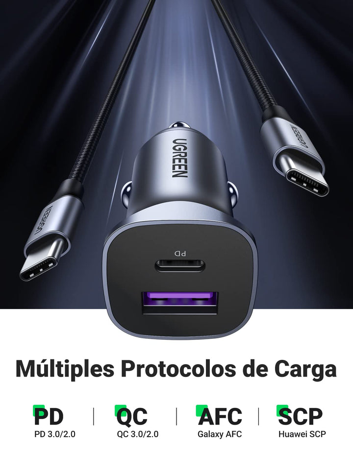 UGREEN 30W Cargador de Coche USB C USB A con Cable 1M