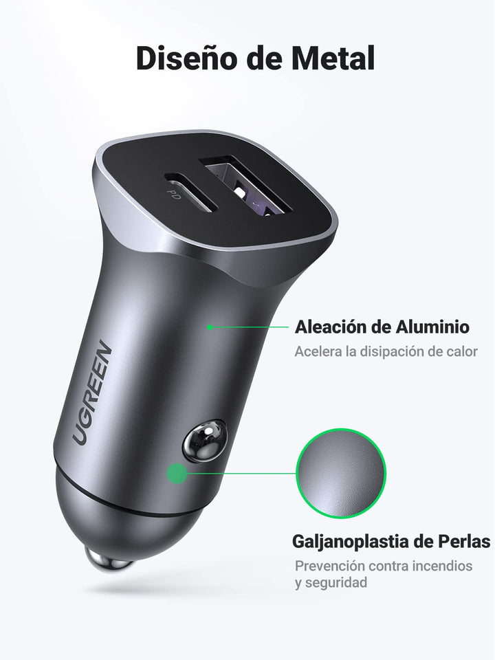 UGREEN 30W Cargador de Coche USB C USB A con Cable 1M