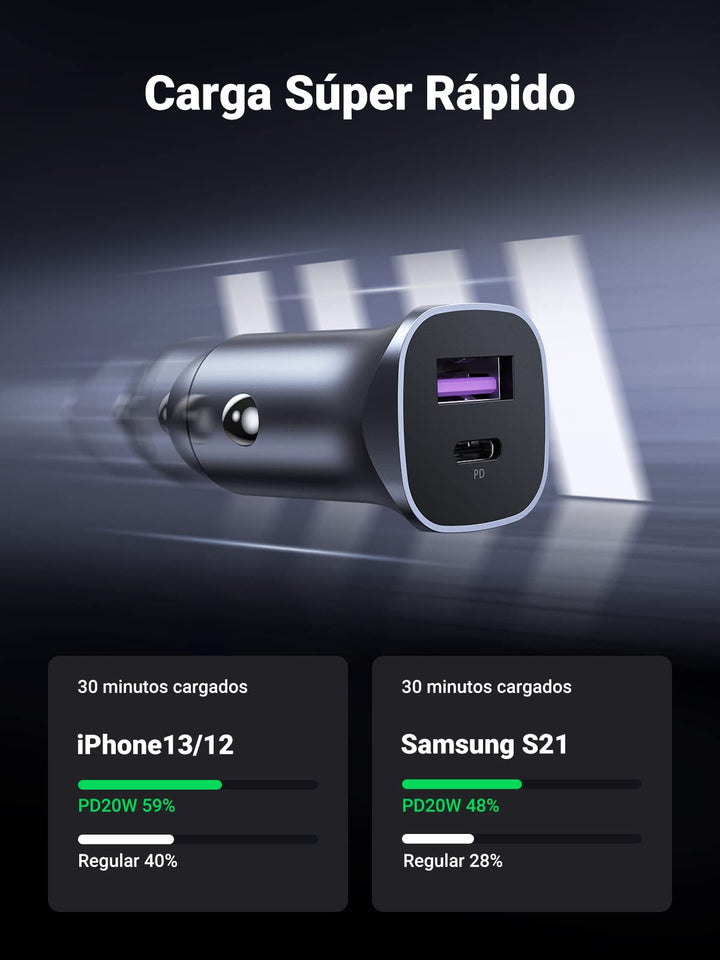 UGREEN 30W Cargador de Coche USB C USB A con Cable 1M