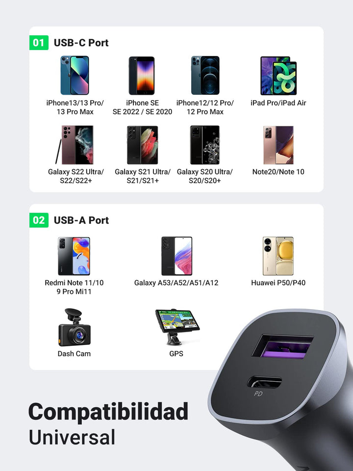 UGREEN 30W Cargador de Coche USB C USB A con Cable 1M