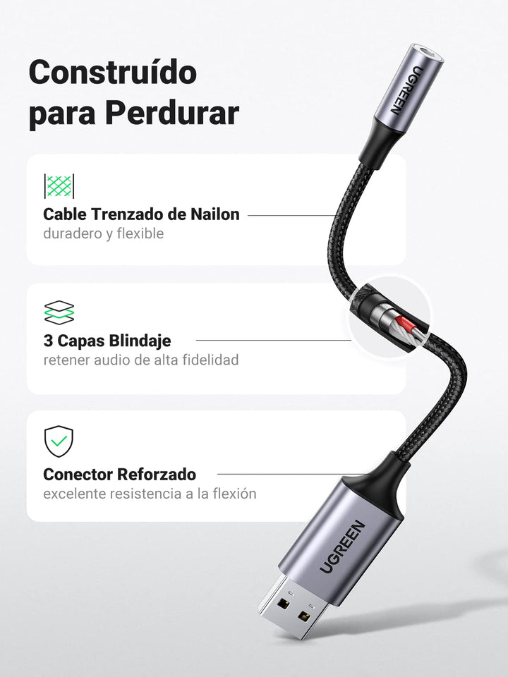 UGREEN Tarjeta de Sonido Externa Adaptador de Audio USB a 3,5 mm