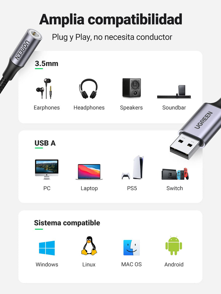 UGREEN Tarjeta de Sonido Externa Adaptador de Audio USB a 3,5 mm
