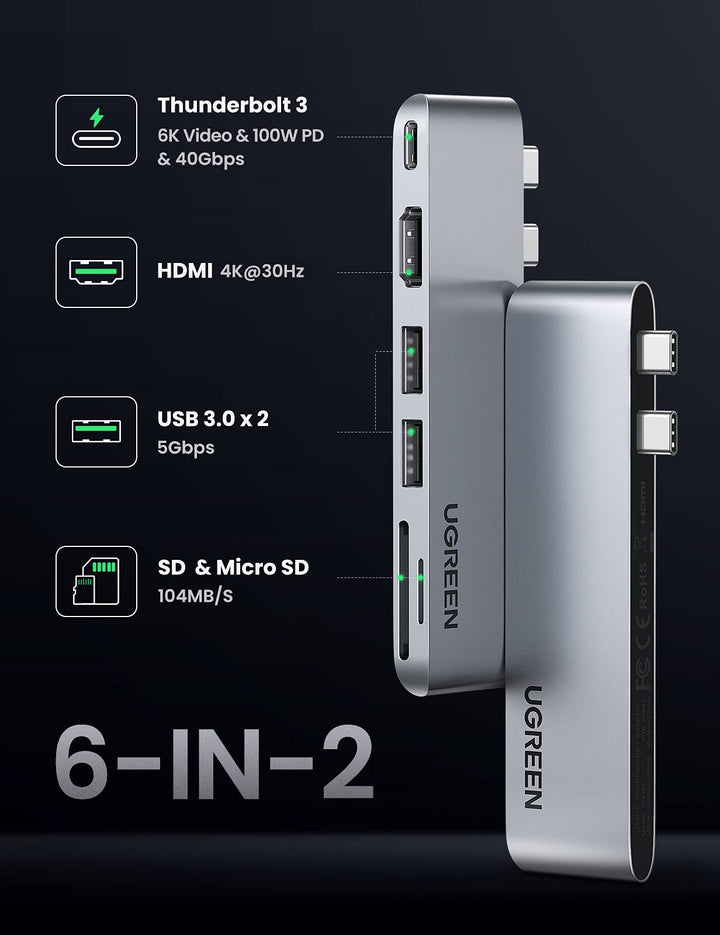 UGREEN 6 en 2 Adaptador Hub USB C HDMI 4K