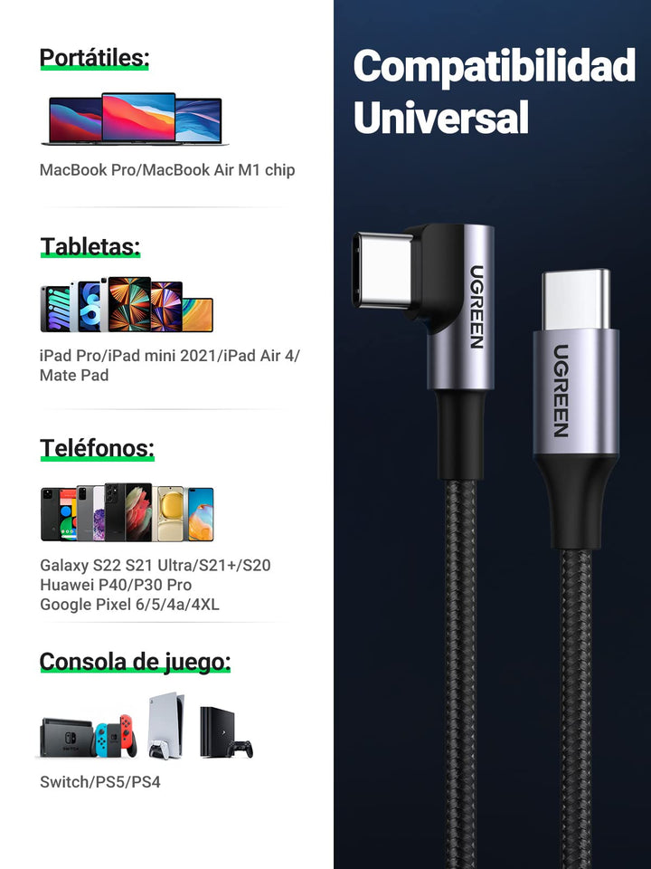 UGREEN Cable Tipo C de 60W con Ángulo Recto y PD 3.0