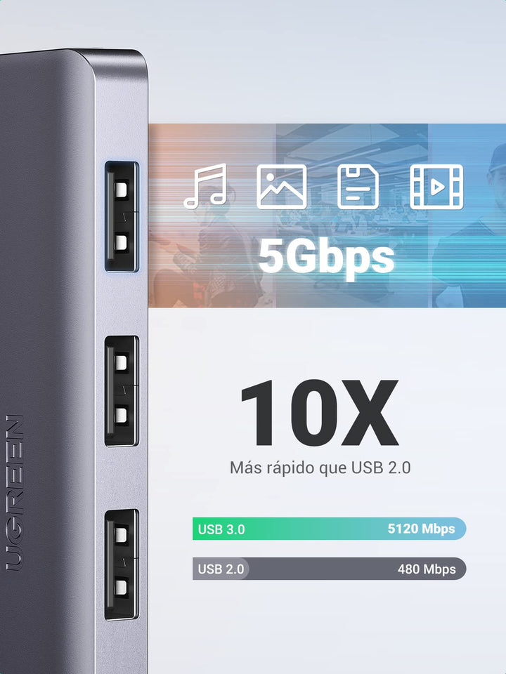 UGREEN Hub USB 3.0, Ladrón USB 3.0 4 Puertos 5Gbps Adaptador