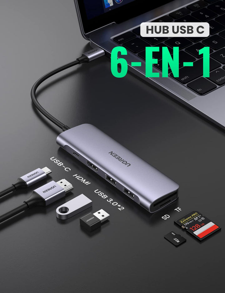 UGREEN HUB USB C, Adaptador USB C a 4K HDMI, 2-Puerto USB 3.0, Lector Tarjeta SD TF y USB C 100W Power Delivery, USB C Hub Compatible con Macbook Pro Air M2 M1 Steam Deck, Galaxy S22, iPad
