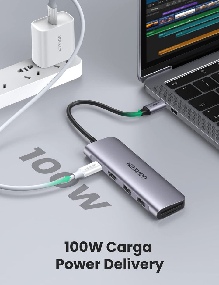 UGREEN HUB USB C, Adaptador USB C a 4K HDMI, 2-Puerto USB 3.0, Lector Tarjeta SD TF y USB C 100W Power Delivery, USB C Hub Compatible con Macbook Pro Air M2 M1 Steam Deck, Galaxy S22, iPad