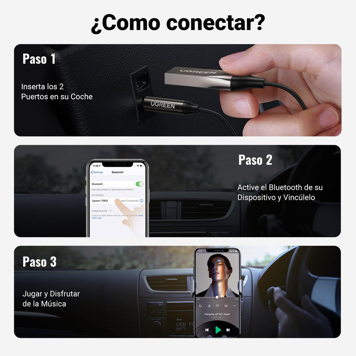 UGREEN Receptor Bluetooth 5.3 Adaptador Bluetooth para Coche AUX Audio Jack 3.5mm Coche Micrófono Incorporado, A2DP Estéreo Música y Llamadas Manos Libres en Automóvil, para Altavoz TV, Gris Oscuro