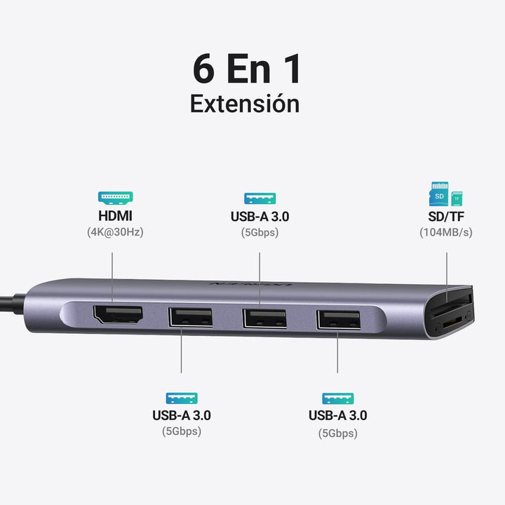 UGREEN Revodok Hub USB C 6 En 1 Adaptador USB C a HDMI 4K 3 Puertos